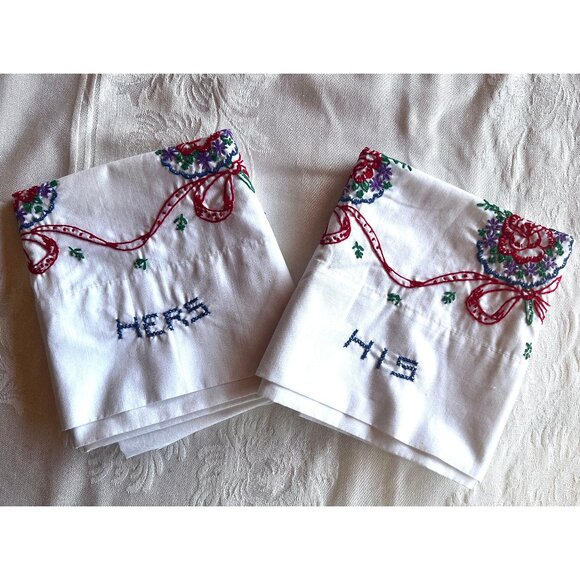 His & Hers Hand Embroidered Queen Pillow Case Set of 2 Red Flowers Ribbon Bouque - Picture 1 of 8